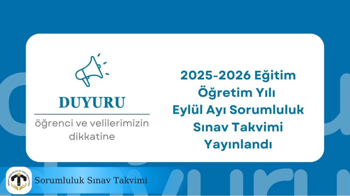 2025-2026 Eğitim Öğretim Yılı Eylül Sorumluluk Sınav Takvimi